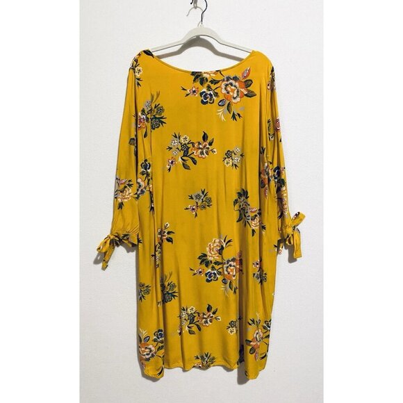 Old Navy Dress Womens 3X Mustard Yellow Floral Tie Cuff Knee Length Spring Boho - Picture 1 of 6